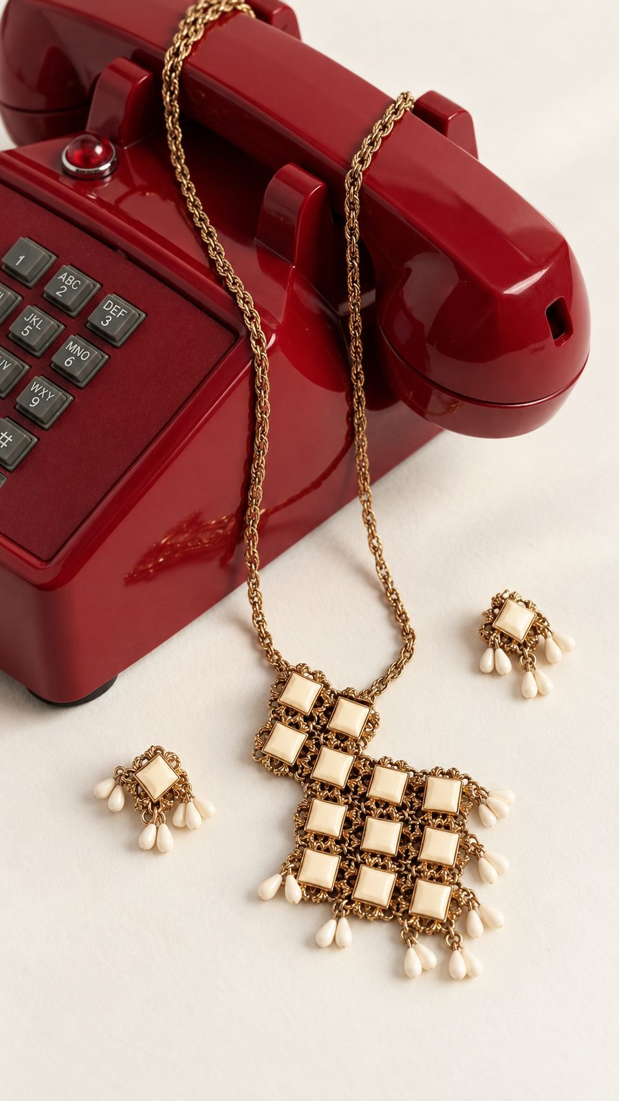 Gold pendant necklace and earrings with a red vintage telephone