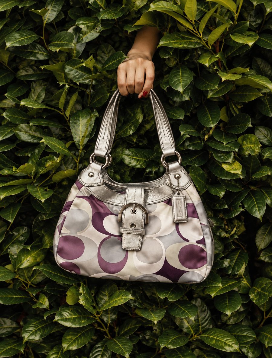 Patterned shoulder bag held against green leaves